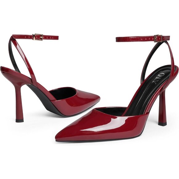 Women Burgundy Pumps Stiletto Wedding Dress Closed Toe Ankle Strap Heel Shoes - Picture 2 of 7